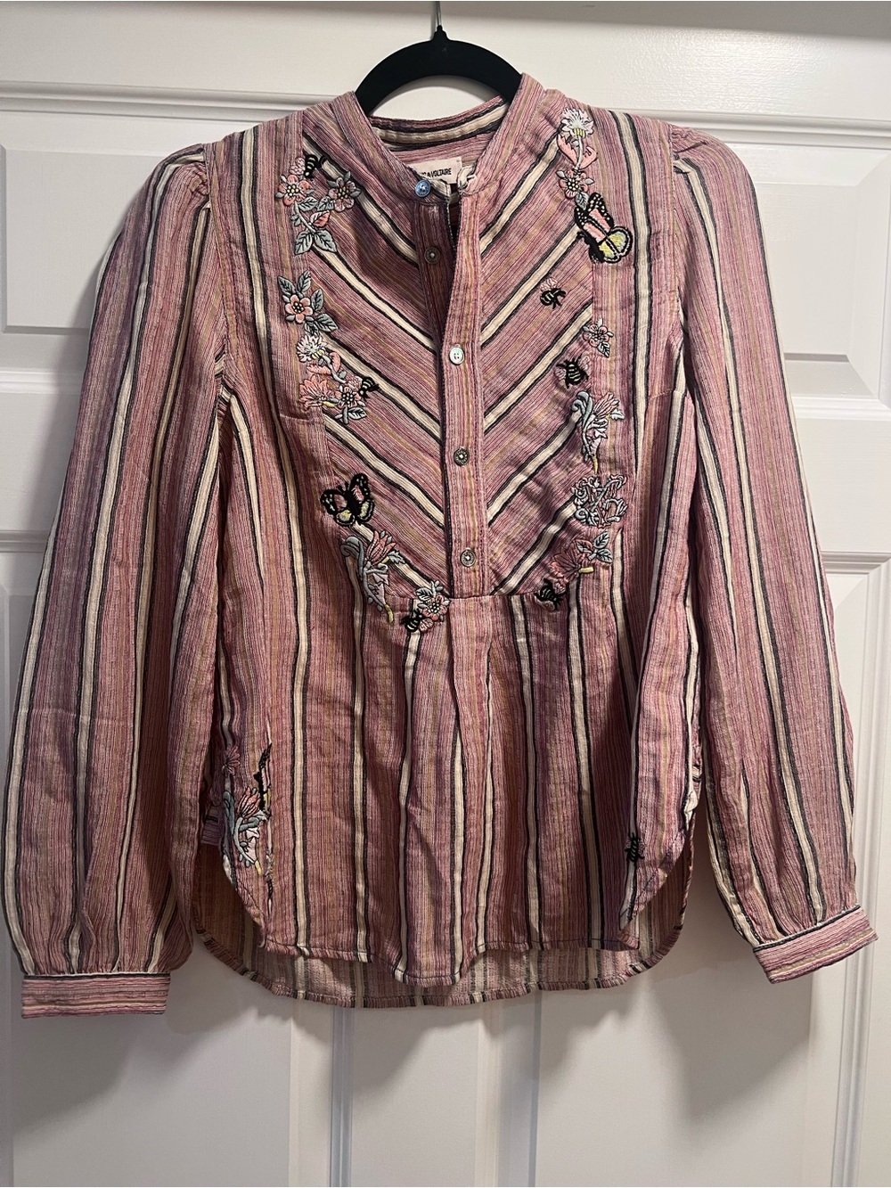 NWT Zadig & Voltaire Teda Embroidered Striped Blouse Pink Floral Butterfly XS